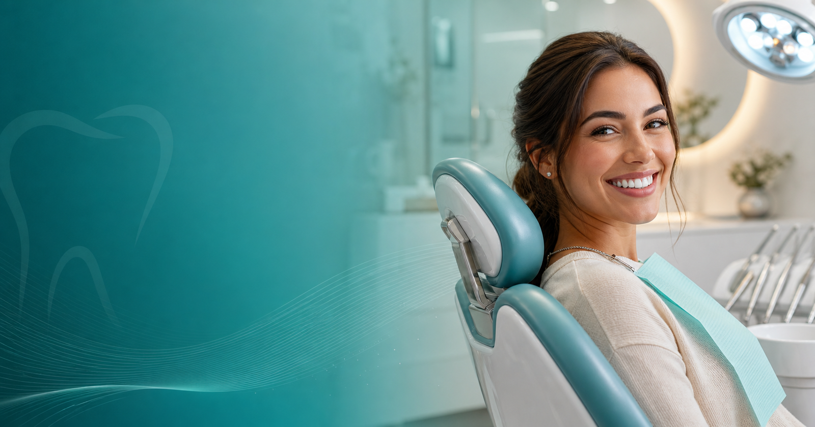 Paciente sonriente en un consultorio odontológico moderno
